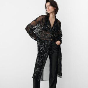 Zara Longline Embroidered Tulle Blouse Black (swim cover up)